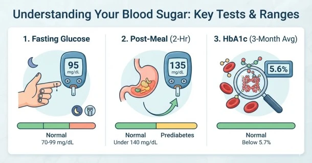Modern electronic glucose meter and digital health app chart visualizing normal blood sugar tracking levels.