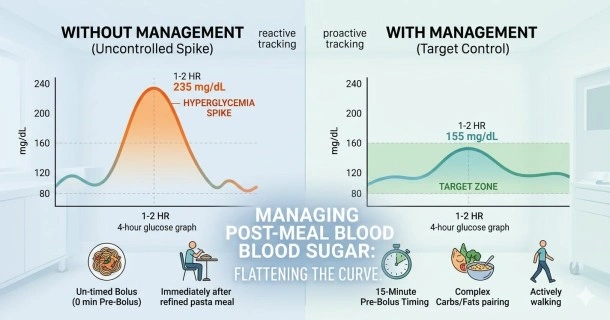 A clear medical infographic comparing postprandial glucose curves, demonstrating how a 15-minute pre-bolus injection and light walking keep blood sugar within a stable target range versus an untimed insulin bolus spike.