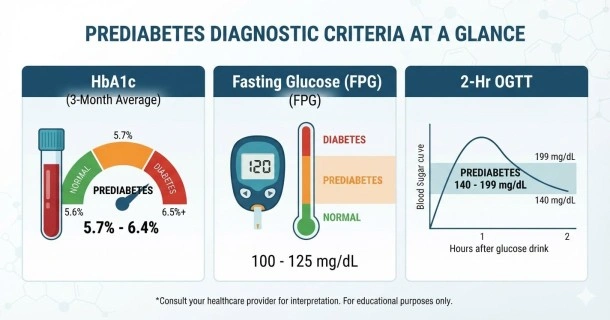 Medical infographic illustration showcasing the clinical ranges for normal, prediabetes, and diabetes blood sugar levels alongside a reassuring healthcare professional.