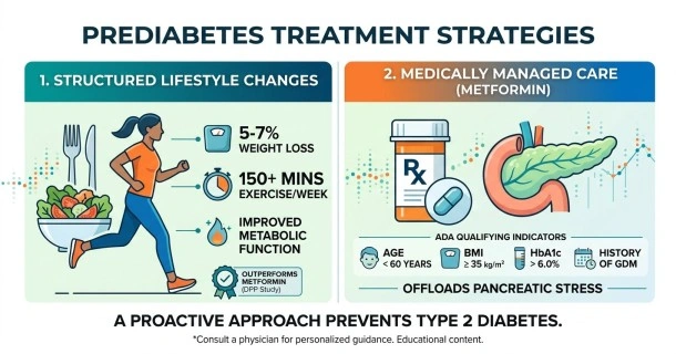 Medical infographic layout comparing prediabetes treatment options: illustrating lifestyle interventions such as a 5-7% weight loss and regular walking on the left, and clinical pharmacotherapy options like Metformin therapy on the right.