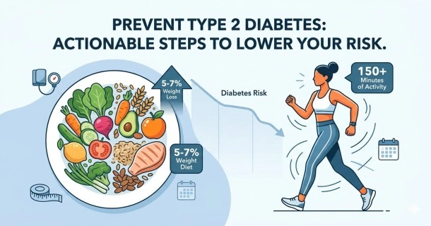 An infographic illustrating actionable steps to prevent type 2 diabetes, showing a balanced healthy meal plate for weight management on the left and a woman jogging representing 150 minutes of weekly activity on the right, with a downward-trending arrow indicating reduced diabetes risk.