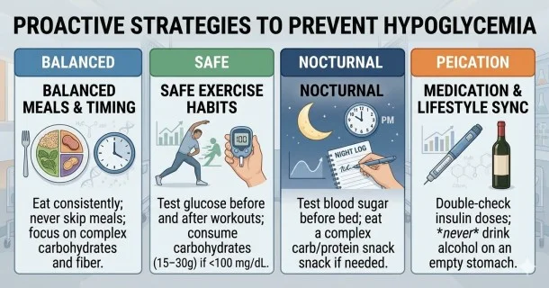 • Medical infographic diagram highlighting four key habits for preventing hypoglycemia: balancing meals with complex carbohydrates, pre-workout glucose tracking, bedtime glucose monitoring, and avoiding drinking alcohol on an empty stomach.