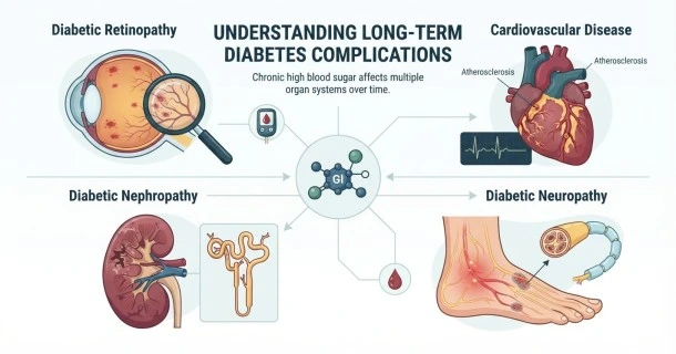 • A conceptual medical graphic illustrating diabetes complication prevention, featuring heart, nerve, and kidney health icons alongside a digital glucose monitor showing healthy levels.