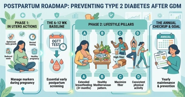 An educational infographic detailing long-term prevention protocols after gestational diabetes, highlighting fetal weight management during pregnancy and a postpartum roadmap focusing on extended breastfeeding, a Mediterranean diet, moderate exercise, and an annual testing schedule.
