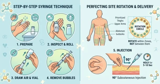 A high-quality 610x320px medical vector diagram highlighting recommended subcutaneous injection sites on a body silhouette alongside a 90-degree needle insertion angle diagram.