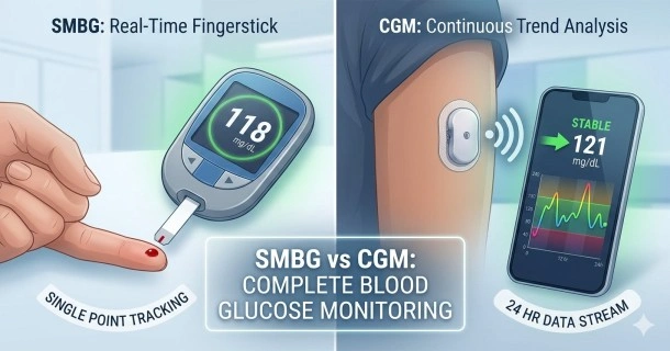 Medical vector graphic displaying a direct visual comparison between traditional fingerstick blood sugar monitoring (SMBG) and a continuous glucose monitoring (CGM) interface displaying real-time target data trends.