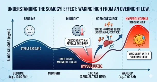 • A medical infographic timeline displaying the mechanism of the Somogyi Effect, showing a normal bedtime baseline, a dangerous blood sugar drop below 70 mg/dL at 3:00 AM, and the resulting hormone-driven rebound high at morning wake-up.