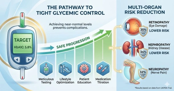 Medical infographic diagram outlining the blood sugar targets for tight type 2 diabetes control and illustrating the percentage reduction in nerve, eye, kidney, and heart complications per 1% drop in HbA1C.