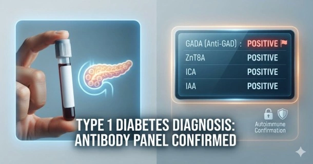Medical illustration of a diagnostic blood test panel and pancreatic antibody screening used to identify Type 1 diabetes.