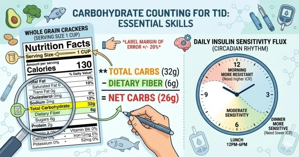 An educational medical infographic displaying a packaged food label detailing the Net Carbohydrate formula alongside a diagnostic clock explaining morning insulin resistance.