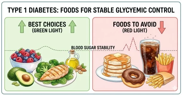 A split-screen medical illustration highlighting optimal whole foods to eat versus processed high-carbohydrate foods to avoid for stable Type 1 Diabetes blood sugar management.