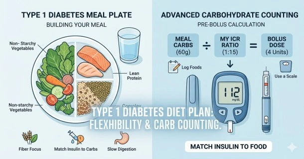 A clear medical infographic layout for a Type 1 diabetes diet plan, displaying advanced carbohydrate counting calculations alongside a balanced meal plate split into non-starchy vegetables, proteins, and low-glycemic fruits.