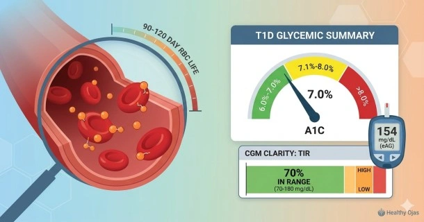 Educational medical infographic displaying Type 1 diabetes blood cell glycation mechanisms alongside a modern continuous glucose monitor (CGM) metric layout comparing stable A1C targets with high glycemic variability.