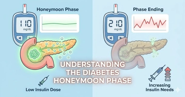 Medical vector infographic detailing the clinical progression, stabilization of blood sugar levels, and symptoms associated with the Type 1 diabetes honeymoon phase.