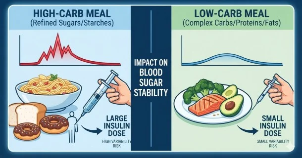 An educational infographic detailing the impact of macronutrients on Type 1 Diabetes, showing carbohydrates causing a fast blood sugar spike, proteins showing a delayed moderate curve, and healthy fats showing minimal glycemic impact.