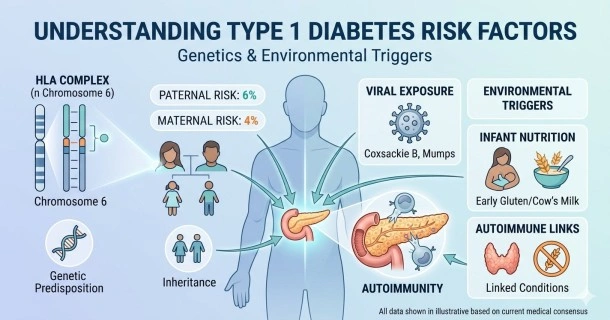 A medical illustration chart breaking down Type 1 Diabetes risk factors into genetic markers, paternal/maternal hereditary percentages, and early environmental triggers.
