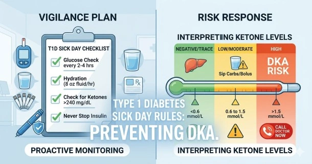 A clear medical infographic layout outlining Type 1 diabetes sick day rules, focusing on glucose tracking frequency, fluid hydration guidelines, and a color-coded ketone risk scale.