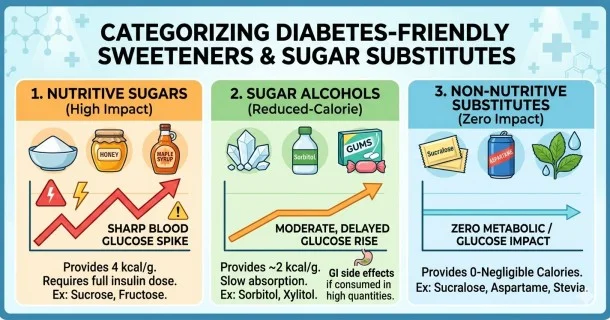 A medical infographic classifying diabetes sugar substitutes into three columns: Nutritive Sugars causing a sharp blood sugar spike, Sugar Alcohols causing a moderate delayed rise, and Non-Nutritive Substitutes showing zero glucose impact.