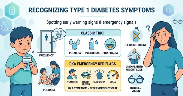 An educational medical illustration showing the common symptoms of type 1 diabetes, including persistent thirst, frequent urination, weight loss, and extreme fatigue.