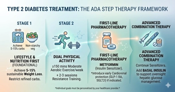 Medical infographic breaking down the Type 2 Diabetes treatment steps based on the ADA framework, illustrating Stage 1 lifestyle and nutrition, Stage 2 dual physical activity, First-Line Pharmacotherapy with Metformin, and Advanced Combination Therapy.