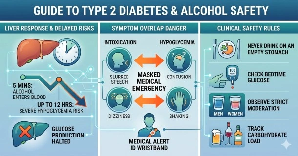 A medical education infographic mapping out Type 2 diabetes and alcohol consumption risks, detailing the 12-hour delayed liver glucose block, the critical clinical symptom overlap between intoxication and hypoglycemia, and safe consumption parameters like tracking carbohydrate loads and screening bedtime glucose.