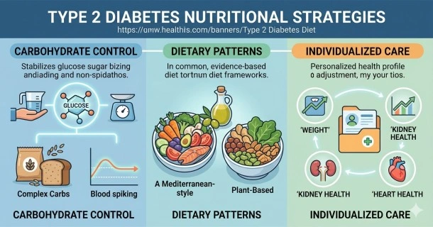 A clean educational medical infographic demonstrating smart food swaps for Type 2 diabetes, showing high-glycemic white rice and bread to limit next to low-glycemic cauliflower rice and sprouted grain alternatives to choose instead.