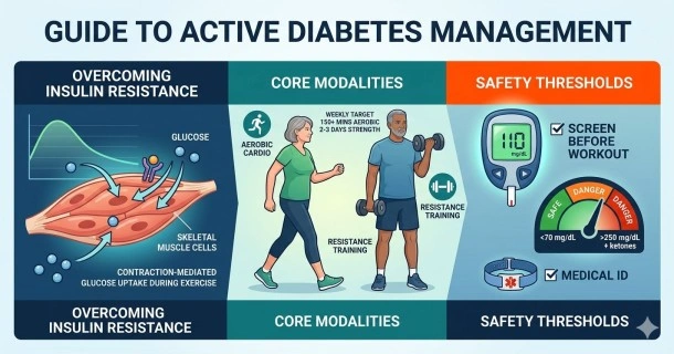 A medical healthcare infographic explaining Type 2 diabetes exercise strategy, displaying core modalities like aerobic walking and strength training paired alongside vital clinical check steps for glucose screening and proper footwear.