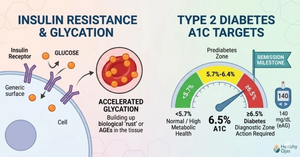 Medical infographic layout demonstrating glucose accumulation in blood vessels due to insulin resistance, paired with a Type 2 diabetes target gauge mapping out standard control metrics and remission benchmarks.