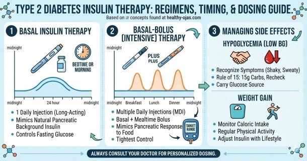 Infographic illustrating Type 2 Diabetes insulin therapy regimens, showcasing the difference between 24-hour flat basal insulin levels and mealtime basal-bolus spikes, alongside icons for managing hypoglycemia and weight gain side effects.