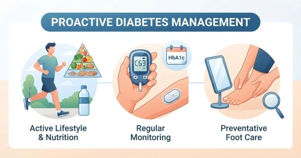 A medical glucometer showing a blood sugar reading next to a fresh green apple, running shoes, and a stethoscope on a bright table, illustrating pillars of healthy diabetes care.