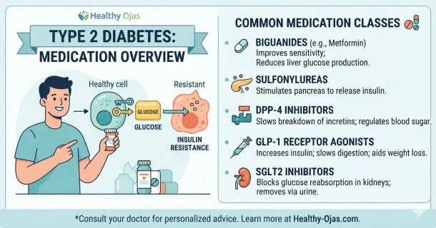 An educational medical infographic banner explaining Type 2 diabetes medications. The graphic features a soft blue and white gradient background with clean icons representing different drug mechanisms: a cell being unlocked by an insulin key to show increased insulin sensitivity, arrows pointing away from a kidney illustrating glucose excretion in urine, and a protective barrier blocking starches in a stylized digestive tract to represent carbohydrate absorption reducers.