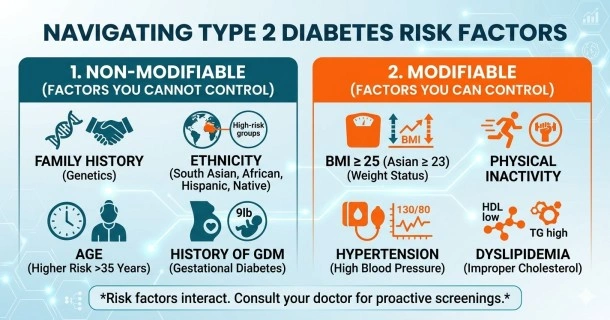 Medical infographic chart breaking down type 2 diabetes risk factors into non-modifiable biological traits (genetics, ethnicity, age) and modifiable lifestyle habits (BMI, inactivity, blood pressure, cholesterol values).