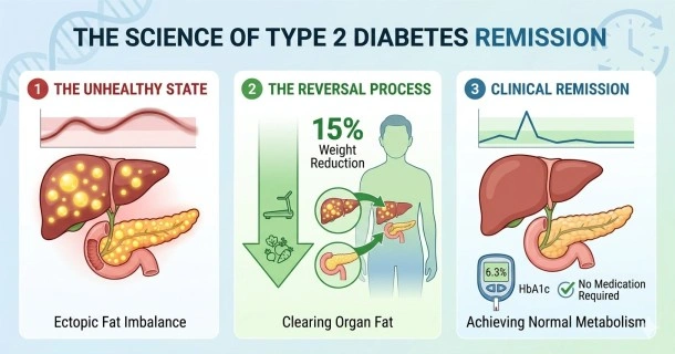 An educational medical infographic detailing the path to type 2 diabetes remission, highlighting the clearing of fat from the liver and pancreas (Twin Cycle Hypothesis) alongside unique treatment tracks tailored for overweight, normal-weight, and lean body profiles.