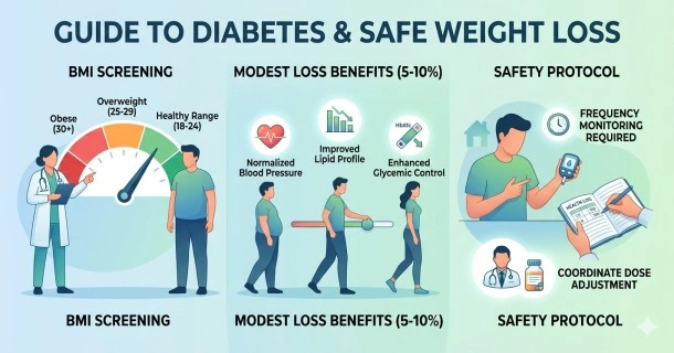 An educational healthcare infographic explaining safe weight loss for Type 2 diabetes, demonstrating a BMI screening gauge, the health benefits of a modest 5% to 10% weight drop, and critical safety rules like checking blood sugar frequently to adjust medication dosages.