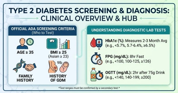 Medical header infographic explaining Type 2 Diabetes screening and diagnosis. The graphic highlights the official ADA screening criteria (universal age 35, overweight/BMI thresholds, high blood pressure, family history) alongside a detailed comparison table of the three primary diagnostic blood tests (FPG, 2-Hour OGTT, and HbA1c) showing their normal, prediabetes, and clinical diabetes ranges.