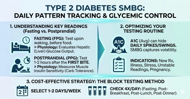 Medical infographic detailing home blood sugar tracking protocols, contrasting waking fasting checks for liver assessment with postprandial checks to evaluate carb tolerances.