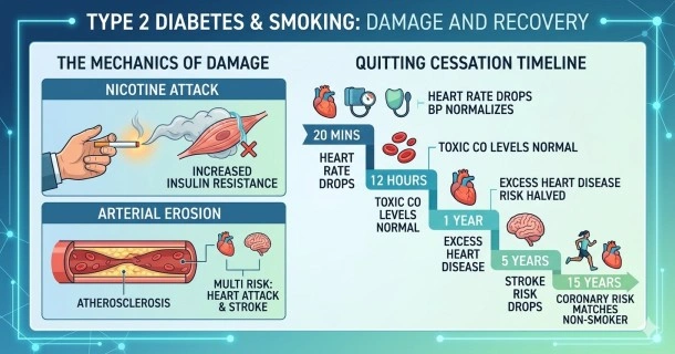An educational clinical infographic for Type 2 diabetes and smoking, demonstrating the path from nicotine-induced insulin resistance to macrovascular damage (heart attack and stroke risk), alongside a detailed timeline showing the physiological benefits of smoking cessation over 15 years.