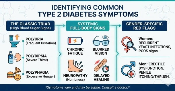 Medical infographic layout identifying common Type 2 Diabetes symptoms, broken down into the classic triad (polyuria, polydipsia, polyphagia), full-body systemic signs (fatigue, neuropathy, blurred vision, delayed healing), and gender-specific flags like recurrent infections, PCOS, and erectile dysfunction.