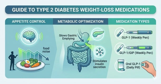 An informative medical layout illustrating modern diabetes weight loss medications, featuring hormone receptor targets (GLP-1), stylized injection pens and oral tablets, alongside patient tracking charts demonstrating improved HbA1c levels and safe body weight reduction.
