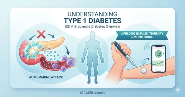 A modern continuous glucose monitor smartphone app displaying a blood sugar graph alongside an insulin pen and a fresh green apple, illustrating type 1 diabetes management.