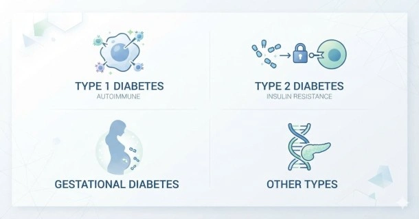 Infographic displaying the four primary clinical classifications of diabetes mellitus: Type 1, Type 2, Gestational, and Other Specific Types.