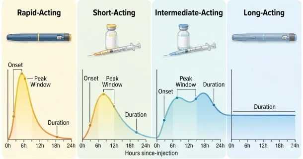 A high-quality clinical graphic displaying color-coded insulin delivery methods alongside a visual timeline timeline chart tracking onset, peak windows, and duration of actions.