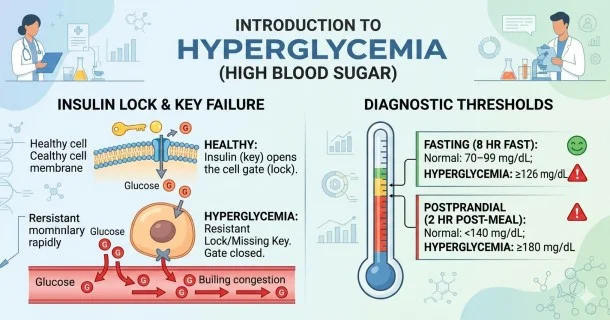 • A comprehensive clinical infographic detailing diabetes hyperglycemia, illustrating the cellular lock-and-key insulin resistance mechanism alongside specific diagnostic threshold ranges for fasting and postprandial blood sugar.