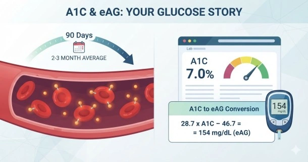 Infographic illustration depicting glucose molecules attaching to red blood cells next to a digital clinical dashboard displaying A1C percentage and Estimated Average Glucose (eAG) conversion charts.