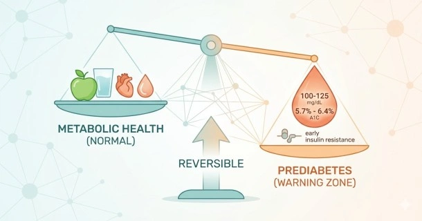 A medical infographic banner showing a blood glucose gauge pointing to the amber prediabetes warning zone, highlighting the opportunity for early reversal.