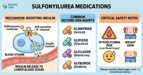 A clinical web infographic titled 'Understanding Sulfonylureas for Type 2 Diabetes'. The banner features a clean, light blue medical layout. On the left, an illustration depicts a medical professional explaining diabetes metrics. On the right, clean functional icons show the mechanism of action of secretagogues, visually demonstrating how medications like glipizide stimulate pancreatic beta cells to release natural insulin to manage blood glucose levels.