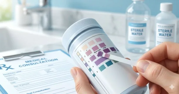 A bottle container of diagnostic ketone testing strips for diabetes care placed next to a single reagent strip showing a pale pink color change for clinical tracking comparison.
