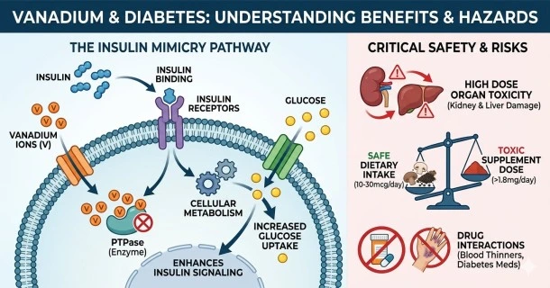 An illustrative medical infographic displaying the cellular mechanism of vanadium as an insulin mimetic alongside clear toxicity warnings and daily safe safety parameters.