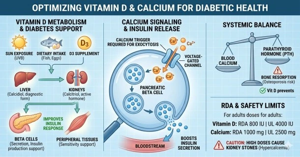 • An illustrative medical infographic displaying dermal vitamin D synthesis from solar UVB, metabolic activation pathways in the liver and kidneys, and calcium-mediated insulin secretion inside pancreatic beta cells.