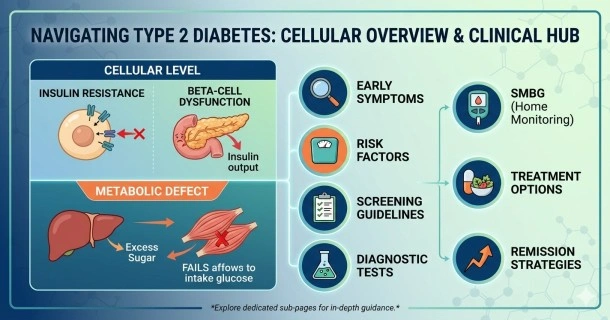 Medical hub page infographic explaining Type 2 Diabetes treatment strategies and its underlying cellular physiology, contrasting structured lifestyle habits with clinical indicators for medical management.